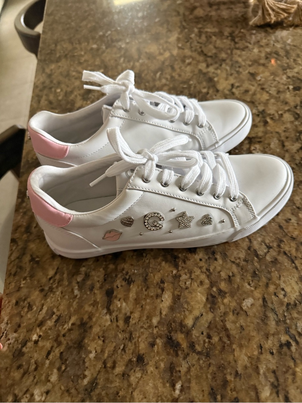 Guess White Lace-Up Sneakers with Pink Heel and Charm Accents